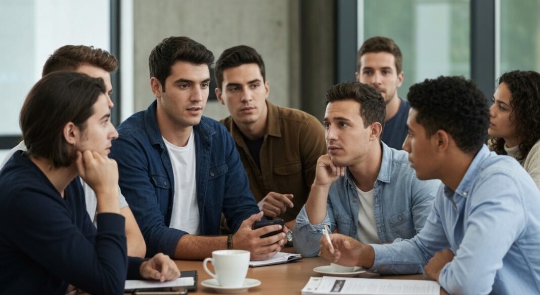 Jovens adultos da Geração Z discutindo temas religiosos e políticos