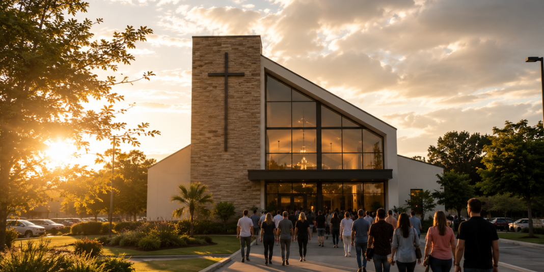 Igreja moderna com iluminação sombria, simbolizando crise de identidade.