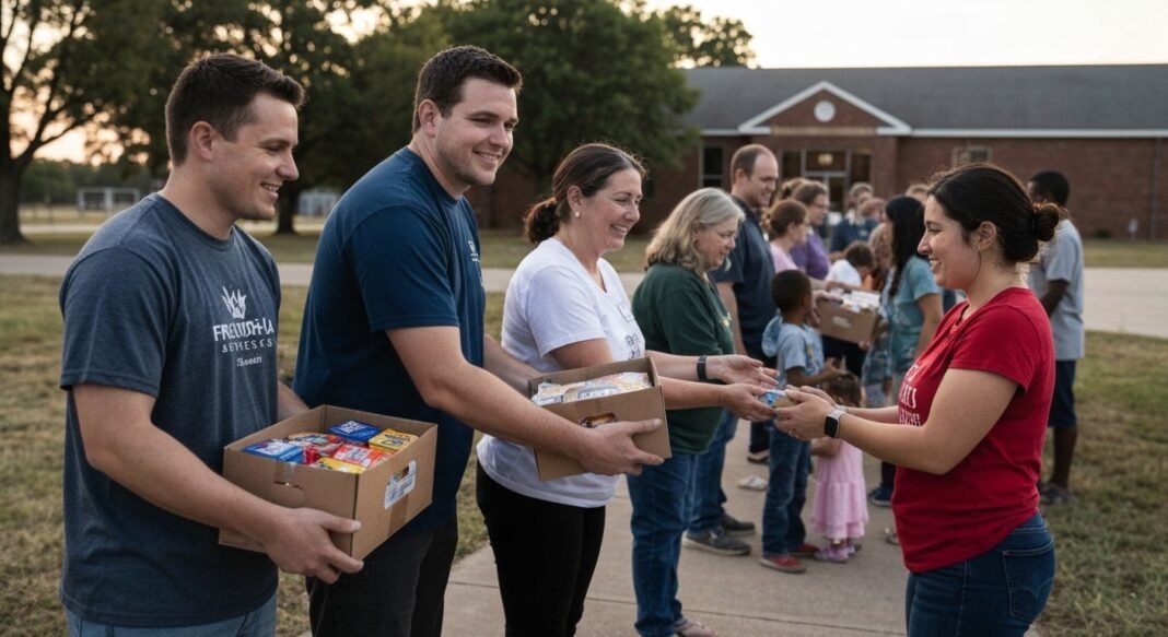 Voluntários da igreja distribuindo alimentos para a comunidade em Oklahoma.