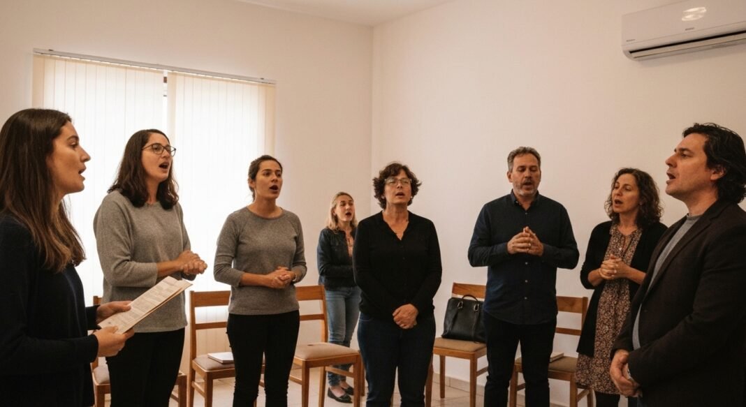 Grupo de cristãos participando de um culto em uma igreja doméstica secreta.