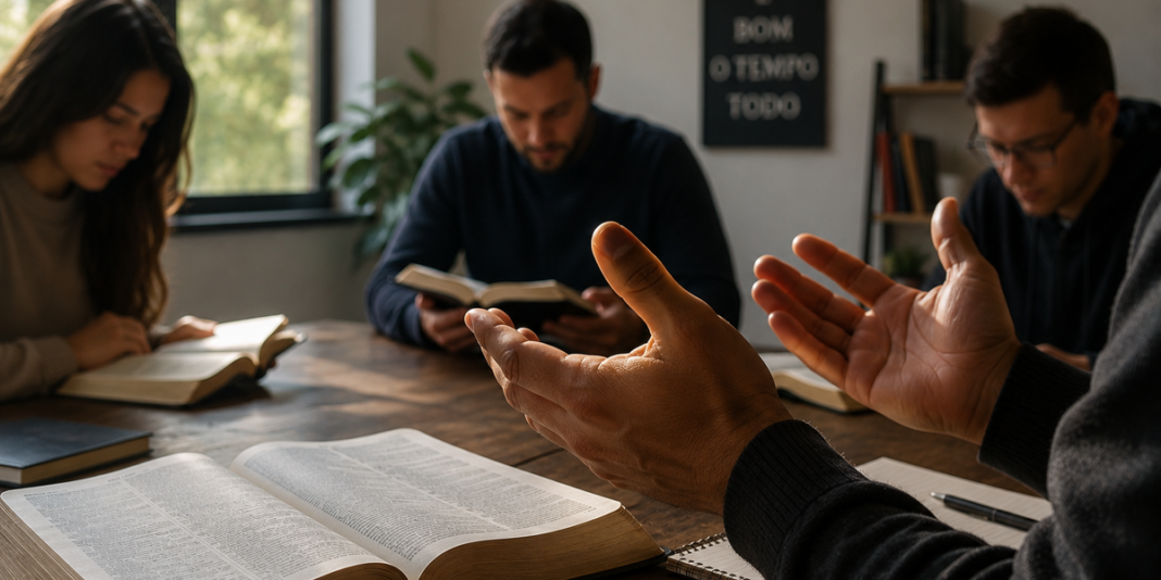 Pessoas sentadas isoladas em uma igreja moderna, cada uma absorta em seu próprio dispositivo.