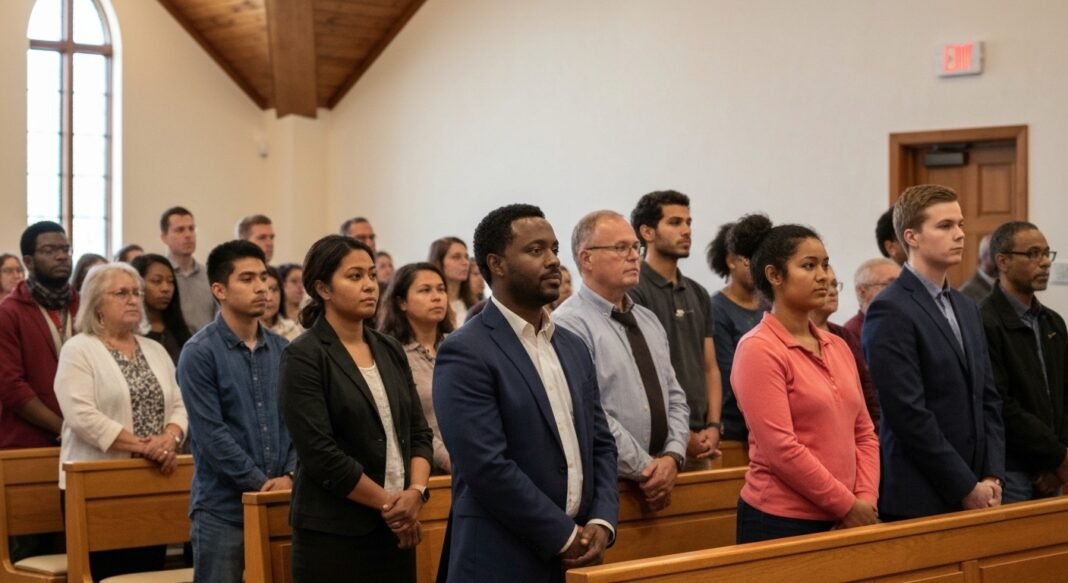 Grupo diverso de pessoas em um culto em igreja protestante