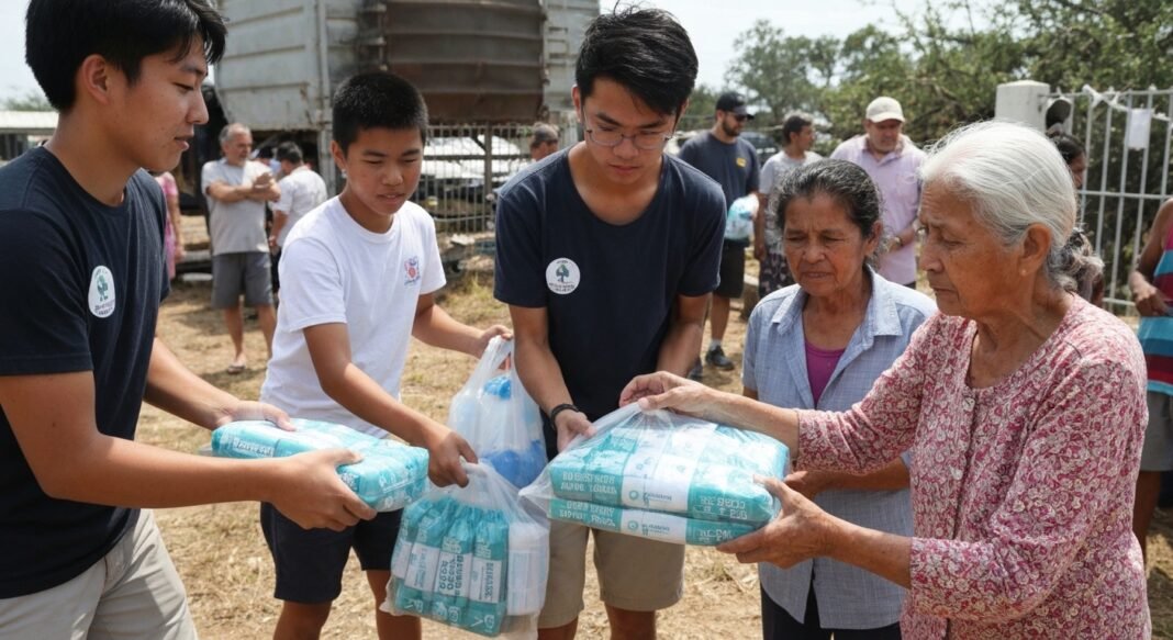 Voluntários de igreja distribuindo ajuda após inundações no Texas