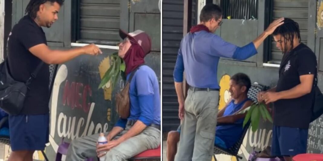 Influenciador sendo confrontado e evangelizado por um homem na rua após tentar fazer uma pegadinha.