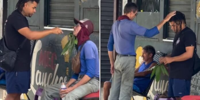 Interação surpreendente entre influenciador e cristão em via pública. Influenciador sendo confrontado e evangelizado por um homem na rua após tentar fazer uma pegadinha.