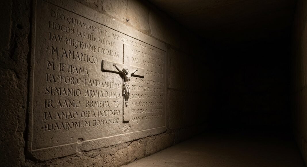 Inscrição antiga em aramaico com cruz esculpida, encontrada em templo romano na Turquia.