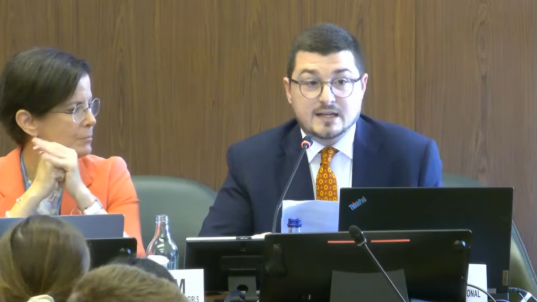 Representantes da Itália e do Chile em reunião na ONU discutindo a abolição da gestação por substituição