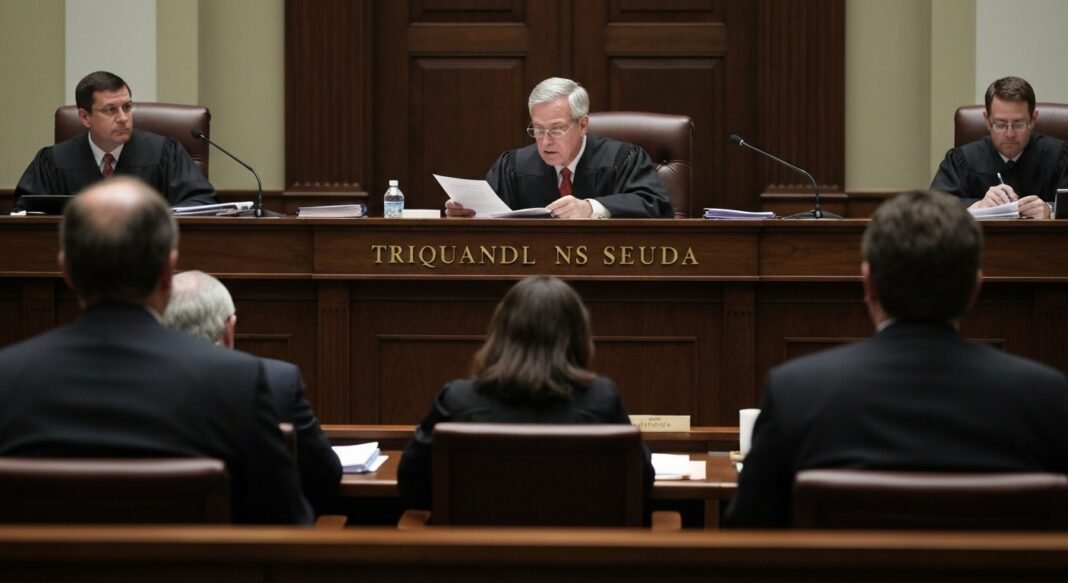 Juiz federal presidindo audiência em tribunal