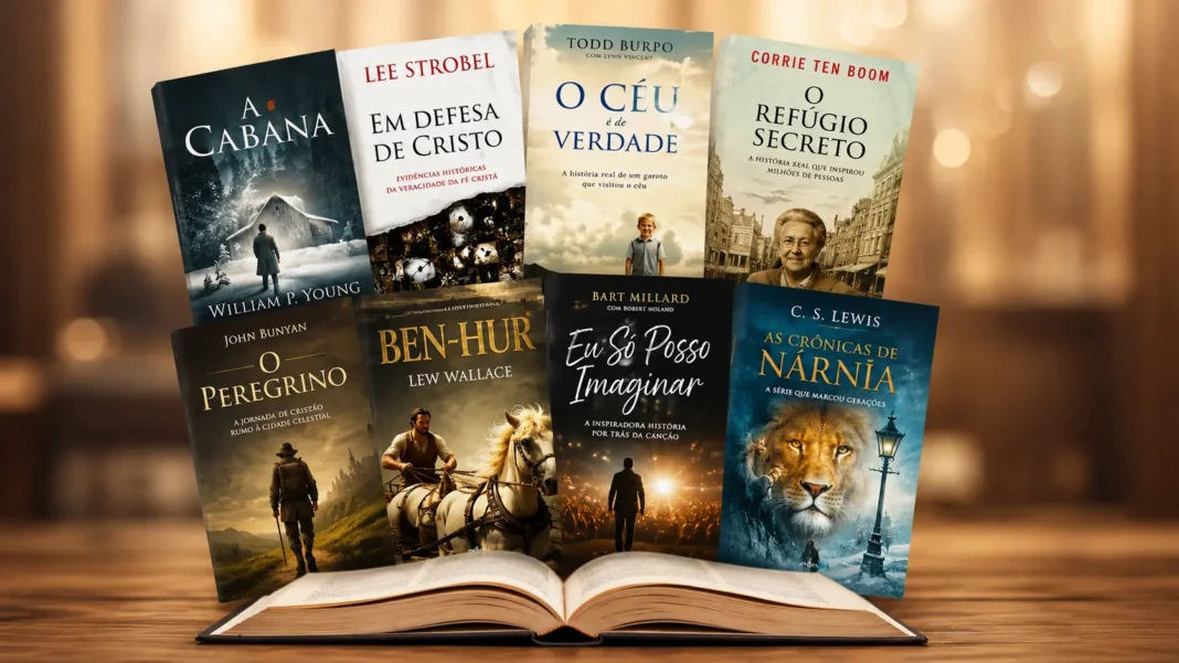 Estante de livros cristãos antigos ao lado de um projetor de cinema, simbolizando a adaptação de obras literárias para o cinema.
