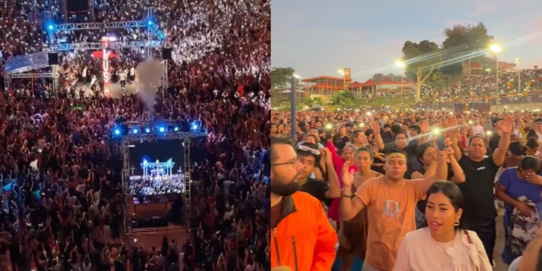 Multidão participa de culto evangélico ao amanhecer na Praia da Ponta Negra, Manaus, com milhares de lanternas acesas.