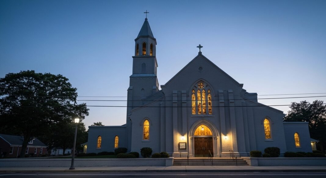 Fachada da igreja episcopal St. Paul's By-the-Sea em Ocean City, Maryland, com o abrigo para pessoas em situação de rua ao lado.