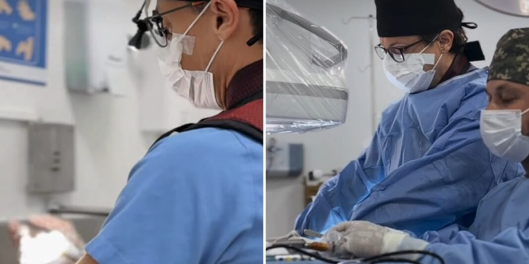 Cirurgião brasileiro em oração silenciosa antes de procedimento cirúrgico em sala de hospital.