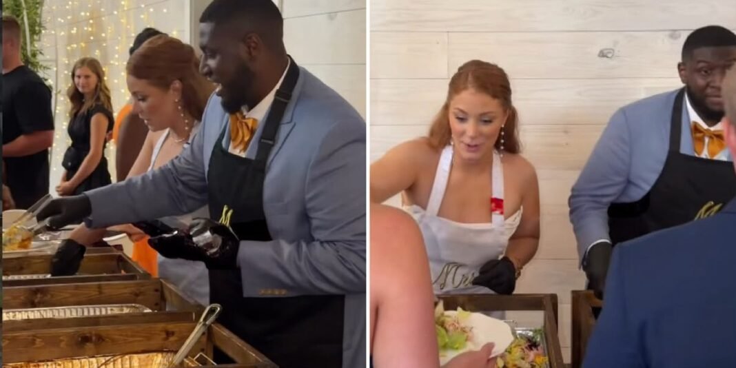 Casal de noivos serve jantar aos convidados em seu casamento cristão