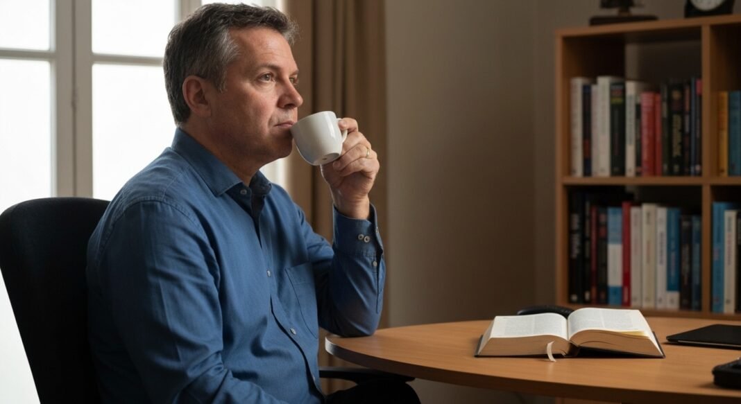 Pastor pensativo em seu escritório, refletindo sobre sua vocação.