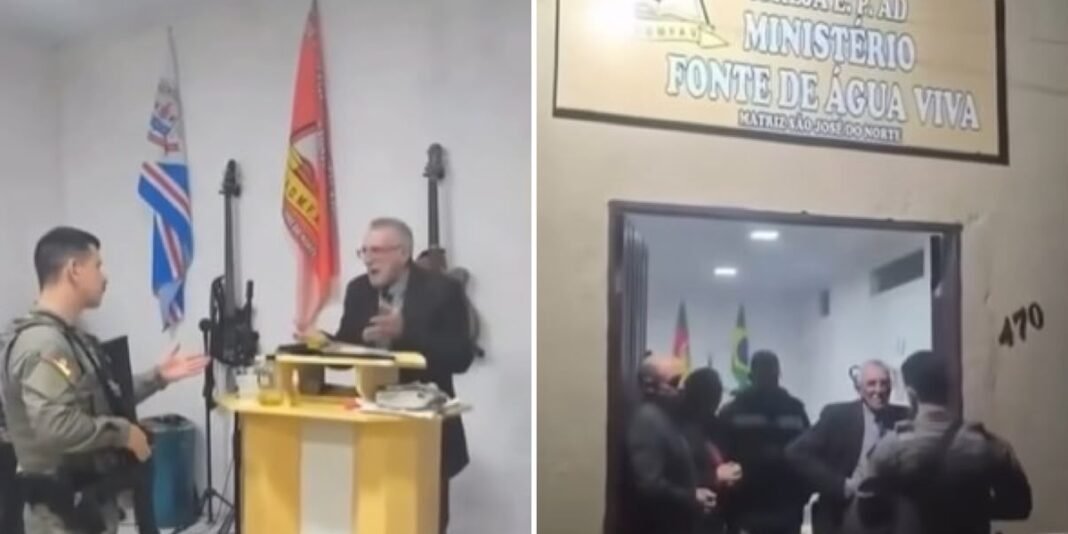 Policiais armados abordam pastor em igreja evangélica, gerando denúncias de intolerância religiosa.