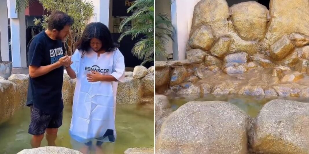 Réplica do Rio Jordão em shopping carioca sendo utilizada para batismos religiosos.