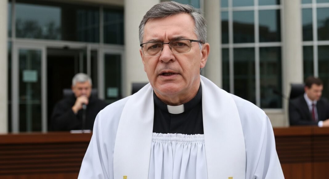 Reverendo Bernard Randall em frente a um prédio judicial após conquistar acordo legal.