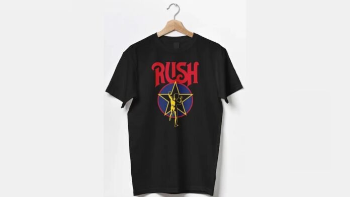 Camiseta solidária da banda Rush em apoio a órfãos venezuelanos Camiseta especial da banda Rush para arrecadar fundos para órfãos na Venezuela.