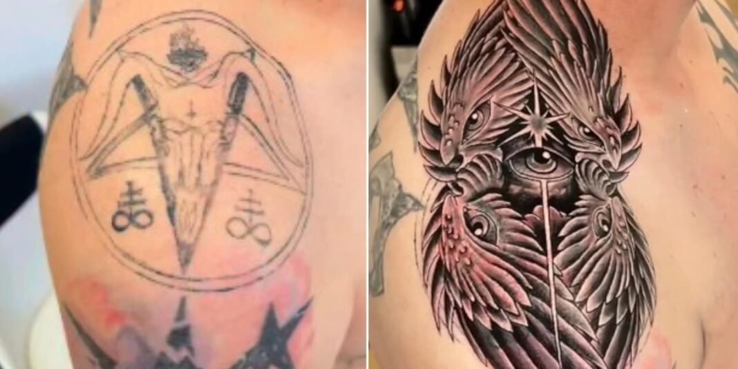 Tatuador cristão Dalton transforma tatuagem oculta de ex-satanista em imagem de anjo