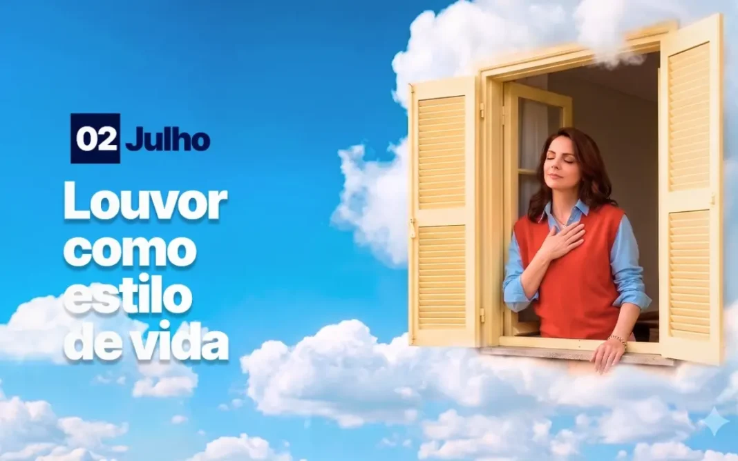 Pessoas louvando e adorando em um culto religioso com as mãos levantadas.