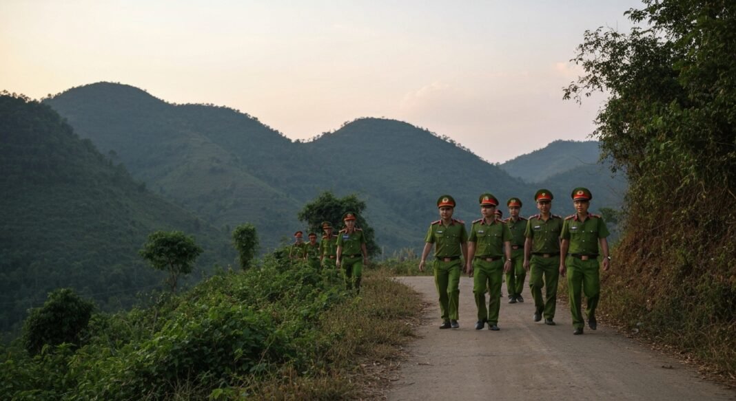 Policiais vietnamitas em patrulha em área rural de Gia Lai