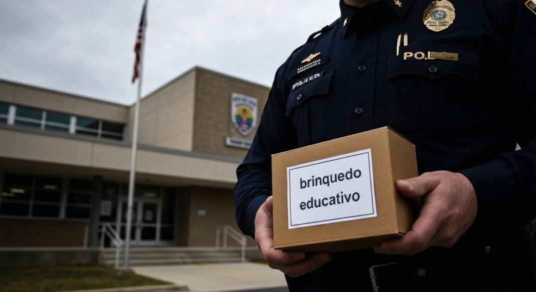 Agente federal examina uma caixa de brinquedo educativo em uma investigação.