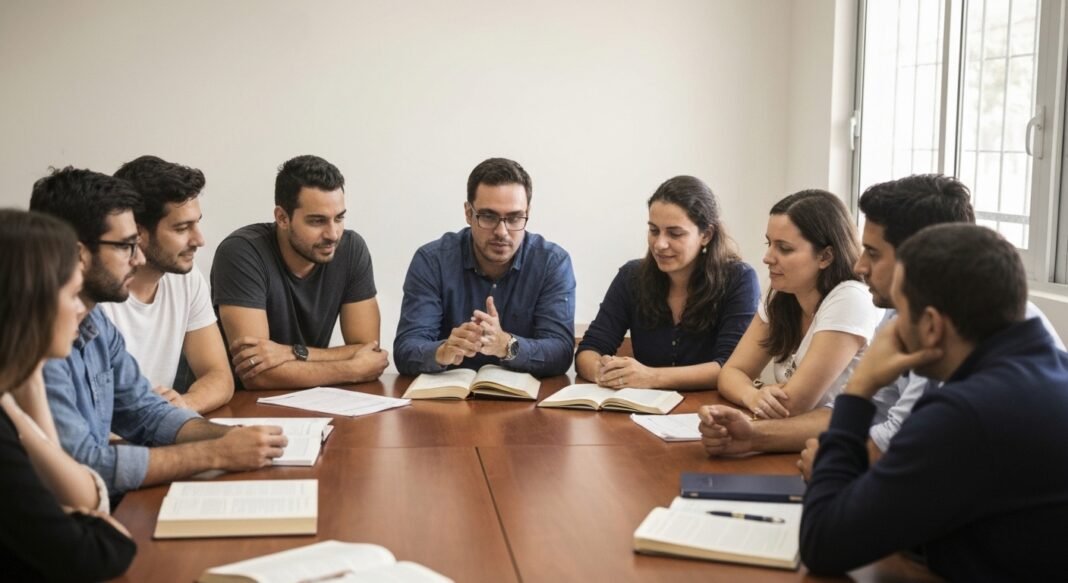 Pessoas participando de um estudo bíblico em um pequeno grupo.