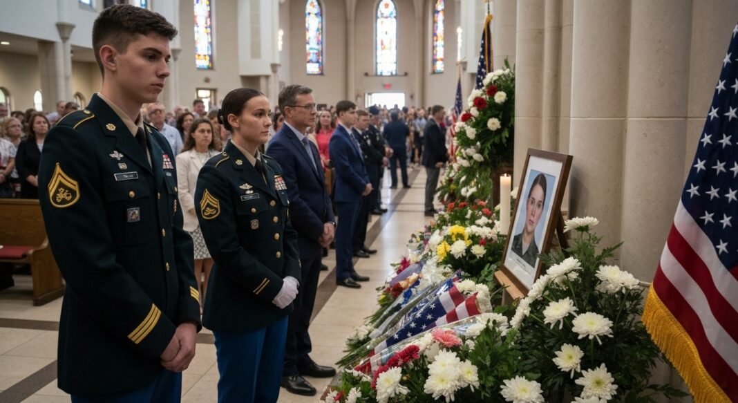 Memorial para a soldado Isabella Gonzalez em uma megachurch no Texas, com familiares e militares presentes.