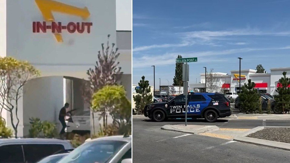 Cena de crime em frente a uma lanchonete In-N-Out Burger com presença policial.