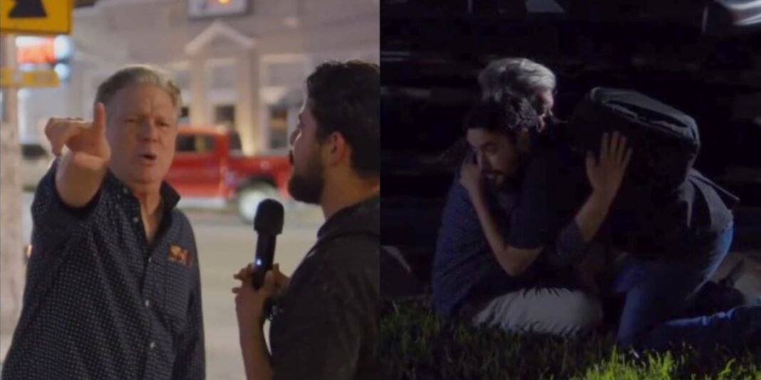 Homem em lágrimas é abraçado por um pregador após um confronto, em cena de perdão.