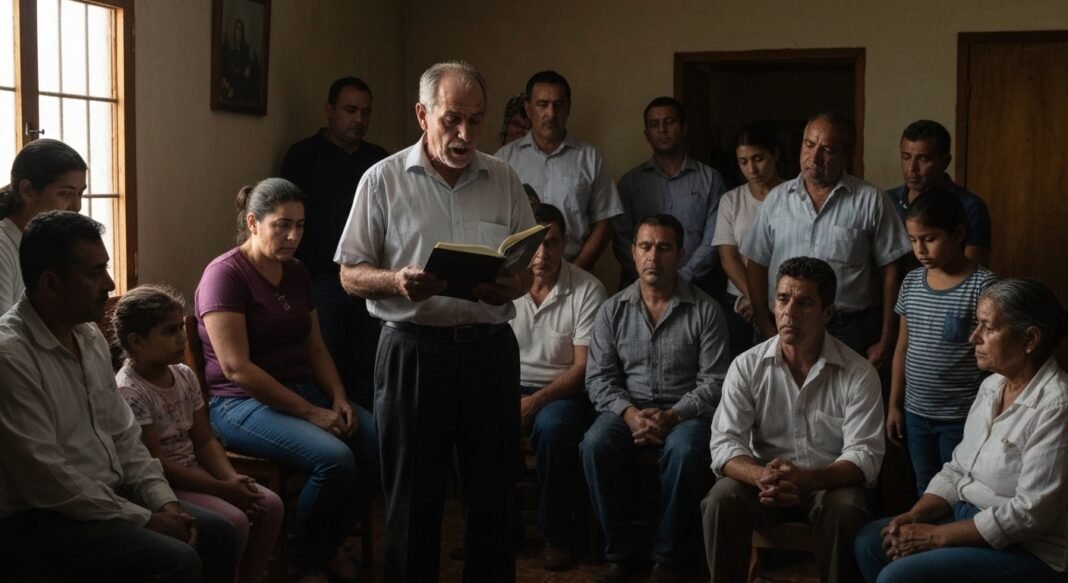 Cristãos argelinos reunidos em oração secreta em uma casa devido ao fechamento de igrejas.
