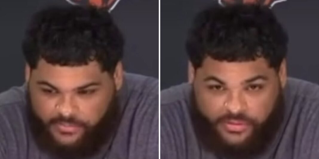 Darnell Wright fala em coletiva de imprensa após assinar contrato milionário com o Chicago Bears