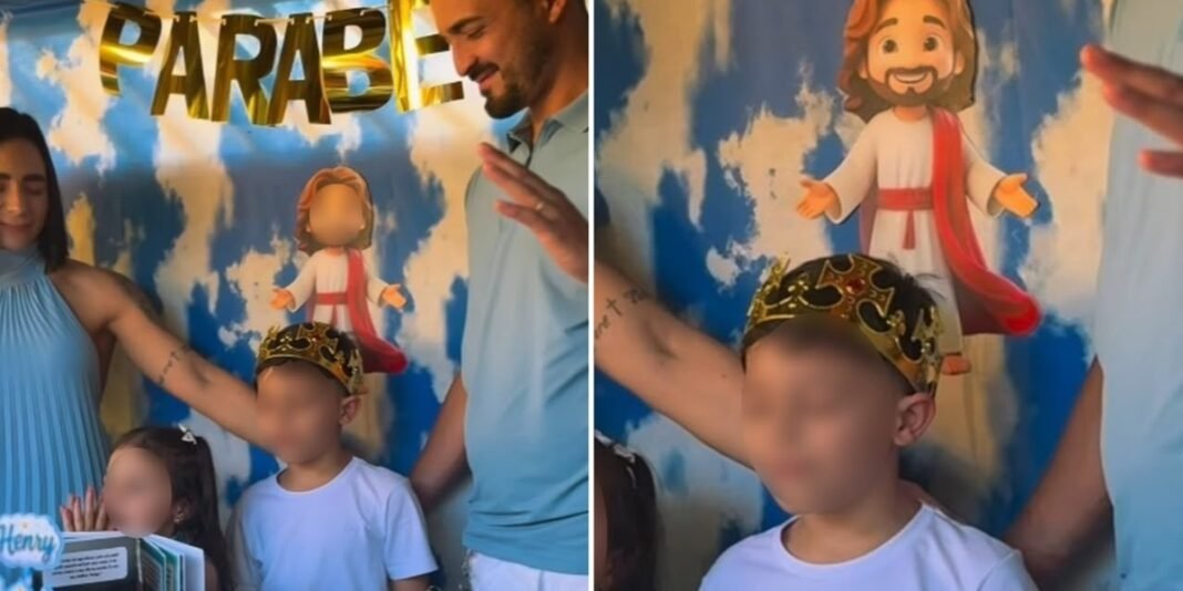 Menino de 7 anos em sua festa de aniversário com tema de Jesus, emociona convidados com oração.