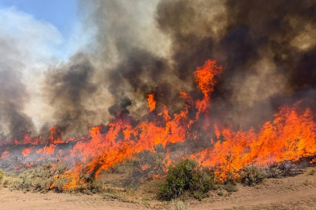Vasto incêndio florestal no Oeste dos EUA com densa fumaça e bombeiros em ação.