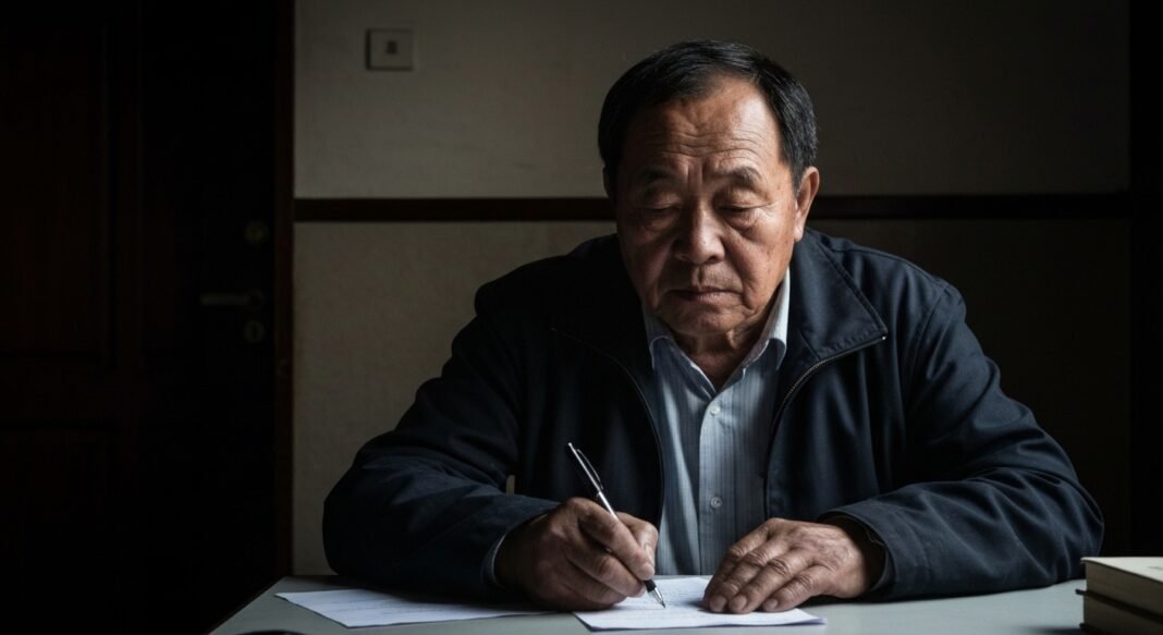 Pastor chinês detido em celda, escrevendo uma carta sob luz fraca.