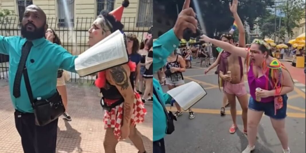 Pregador de rua com Bíblia é ridicularizado por grupo em São Paulo.