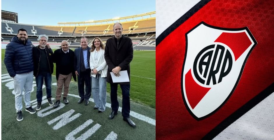 Dirigentes do River Plate e líderes da ACIERA e outras religiões em evento de assinatura de acordo.
