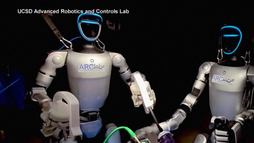 Robô cirúrgico humanoide em sala de operação avançada