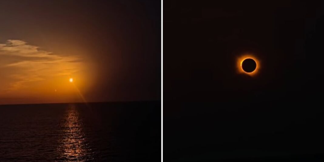Eclipse solar total com a coroa solar visível no céu escuro.
