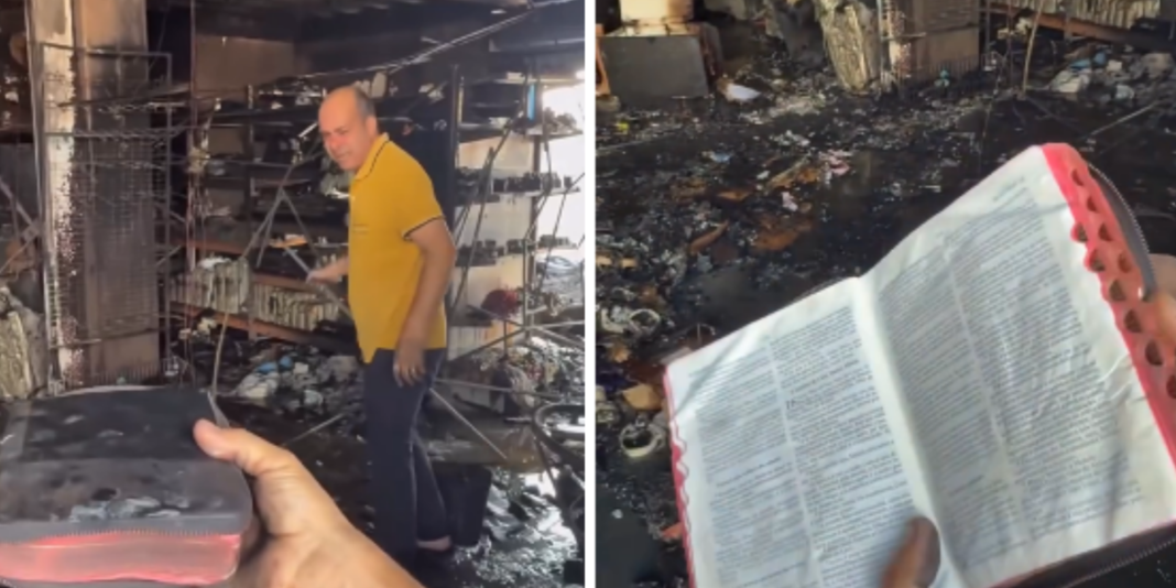 Bíblia intacta em meio aos destroços de uma loja incendiada em Goiânia.