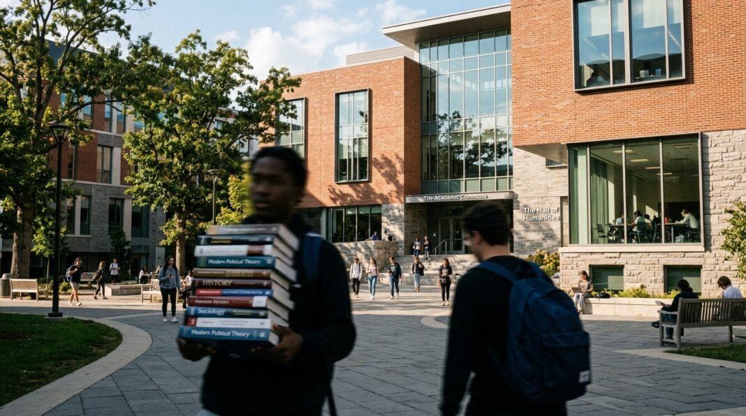 Campus universitário moderno com estudantes circulando em um dia ensolarado