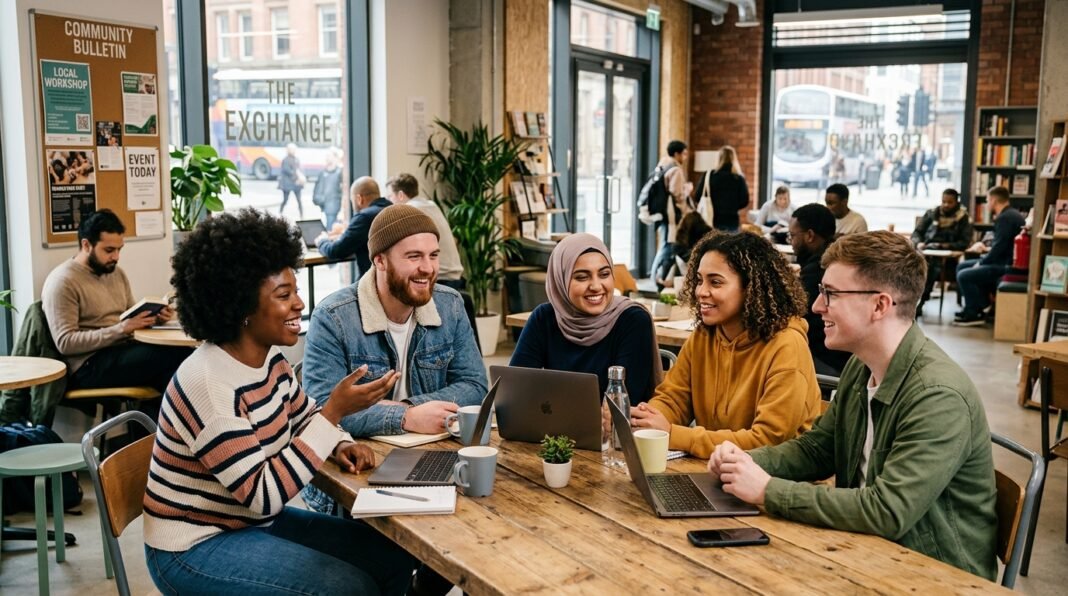 Jovens de diversas etnias reunidos em um ambiente comunitário no Reino Unido