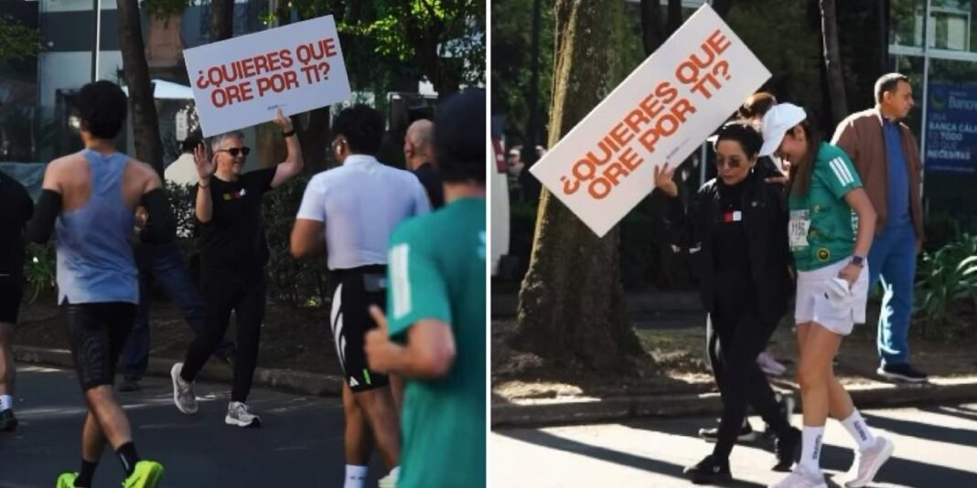 Pastor orando por corredor durante maratona no México
