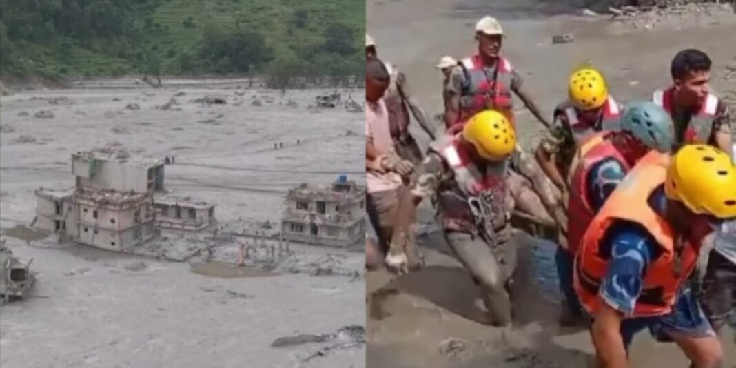 Cena de destruição após enchente no Nepal com casas danificadas.