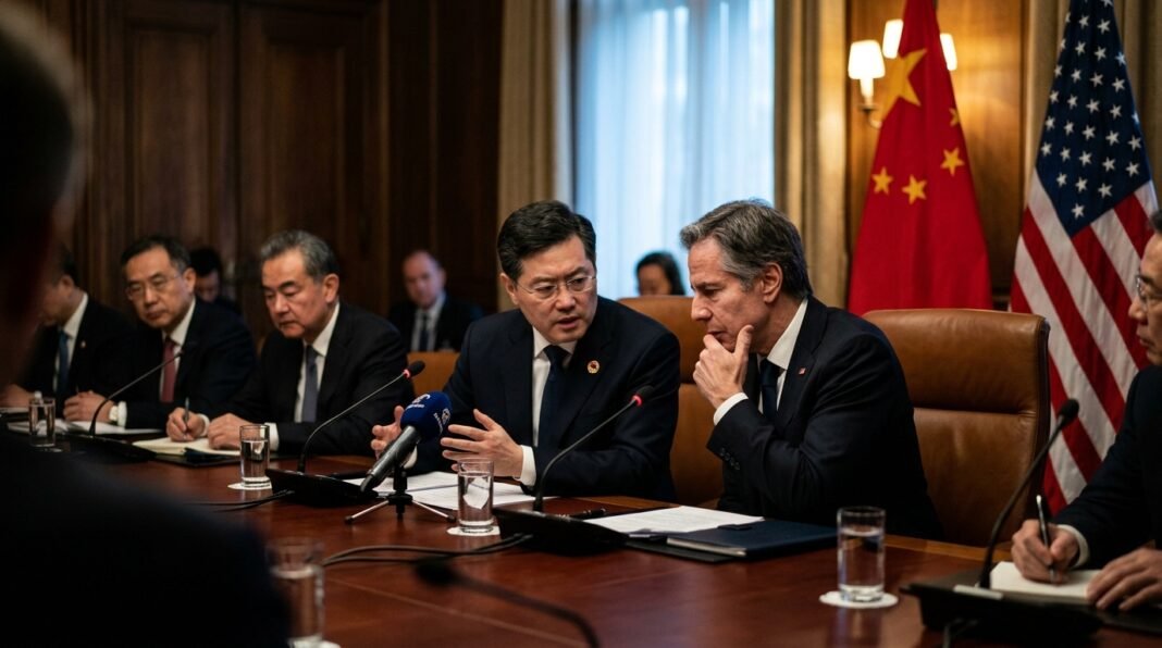 Bandeiras dos Estados Unidos e China lado a lado em evento oficial