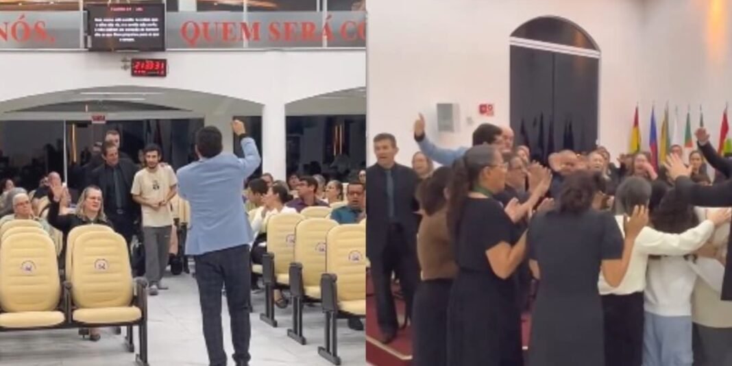 Membros de igreja conversando com pessoas na rua durante ação de evangelismo