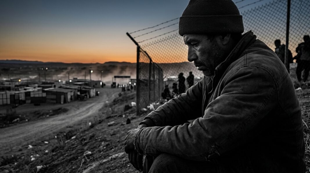 Representação simbólica de refugiados aguardando definição de status em fronteira internacional.