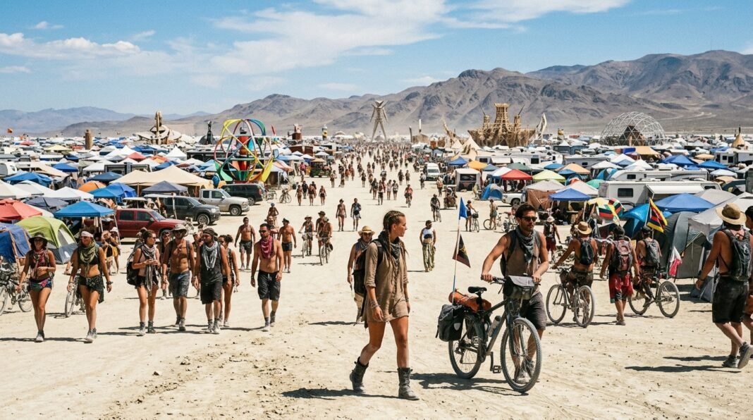 Estruturas e tendas no deserto durante o festival Burning Man