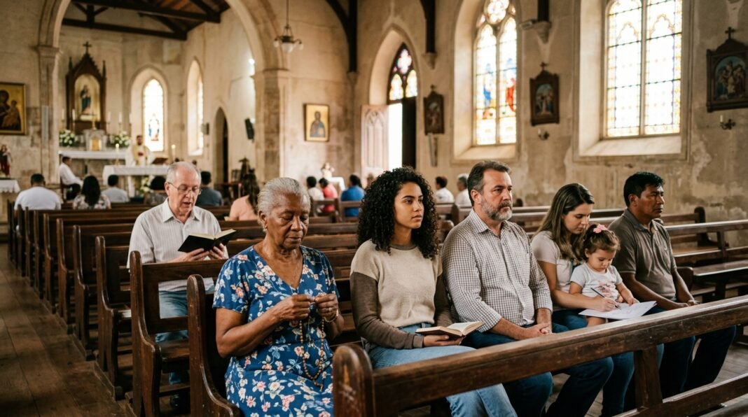 Fiéis em um ambiente de igreja durante um momento de reflexão.