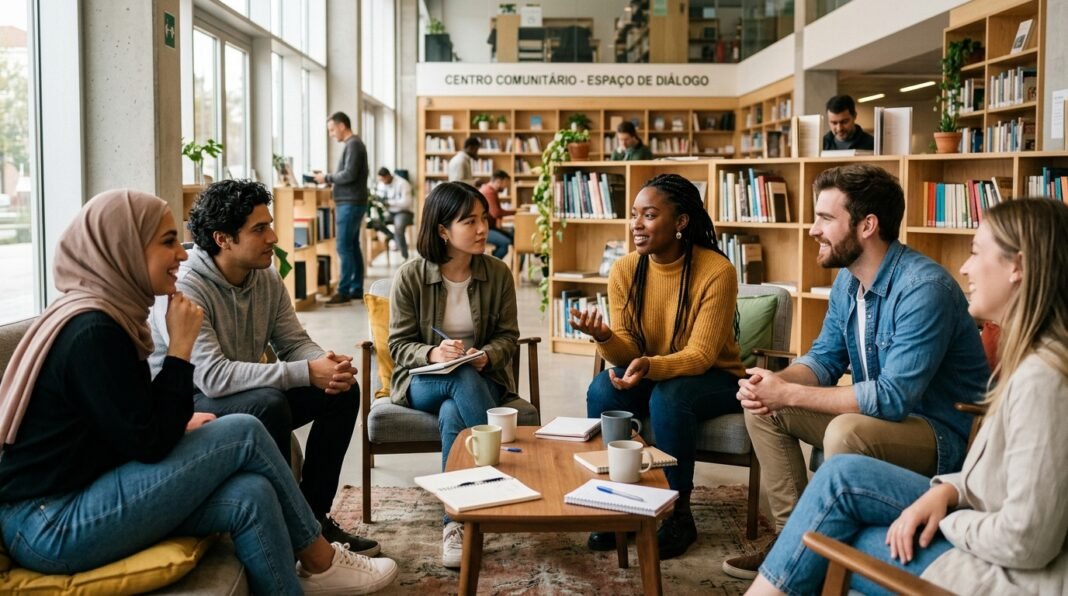 Jovens adultos em um círculo de conversa comunitária refletindo sobre espiritualidade.